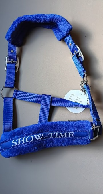 Bonte halster met tekst blauw shetlander