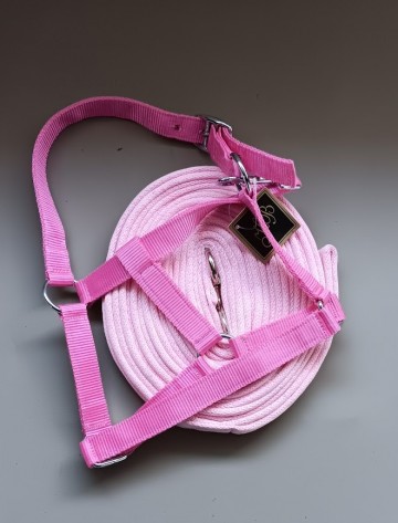 Set longeerlijn halster roze mini shet