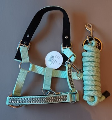 Setje halster steentjes en touw mint groen shetlander