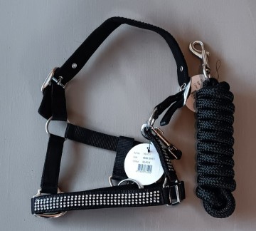 Setje halster steentjes en touw zwart mini shetlander 0