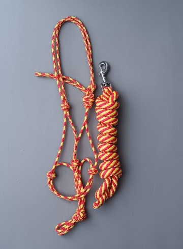 Setje halstertouw en touwhalster geel rood mini shetlander